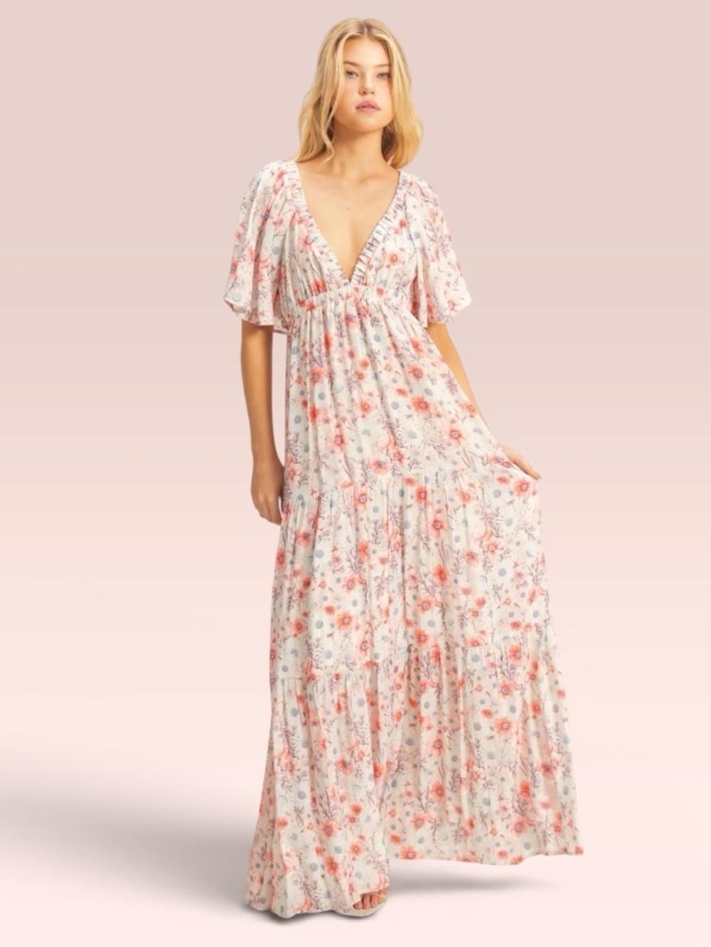 HYFVE Floral Tiered Maxi Dress Small Boho Flutter Sleeve Open Back Tassel